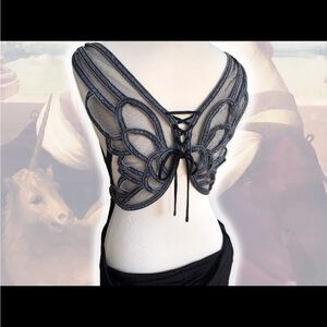 2000s miss sixty black butterfly mesh corset back/ black dress with open back